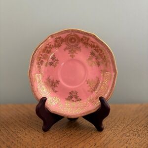Antique Royal Crown Derby Pink and Gold Gilt (2) Saucers Medallion Victorian Era